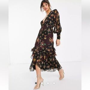 Womens New ASOS DESIGN Mixed Floral Plunge Front Button Front Midi Dress with